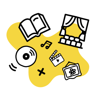 Illustration verschiedener kultureller Gegenstände auf gelbem Hintergrund: Buch, Noten, Vorhang, Vinyl, Filmklappe