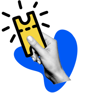 Eine Illustration zeigt eine menschliche Hand, die ein stilisiertes Ticket hält.